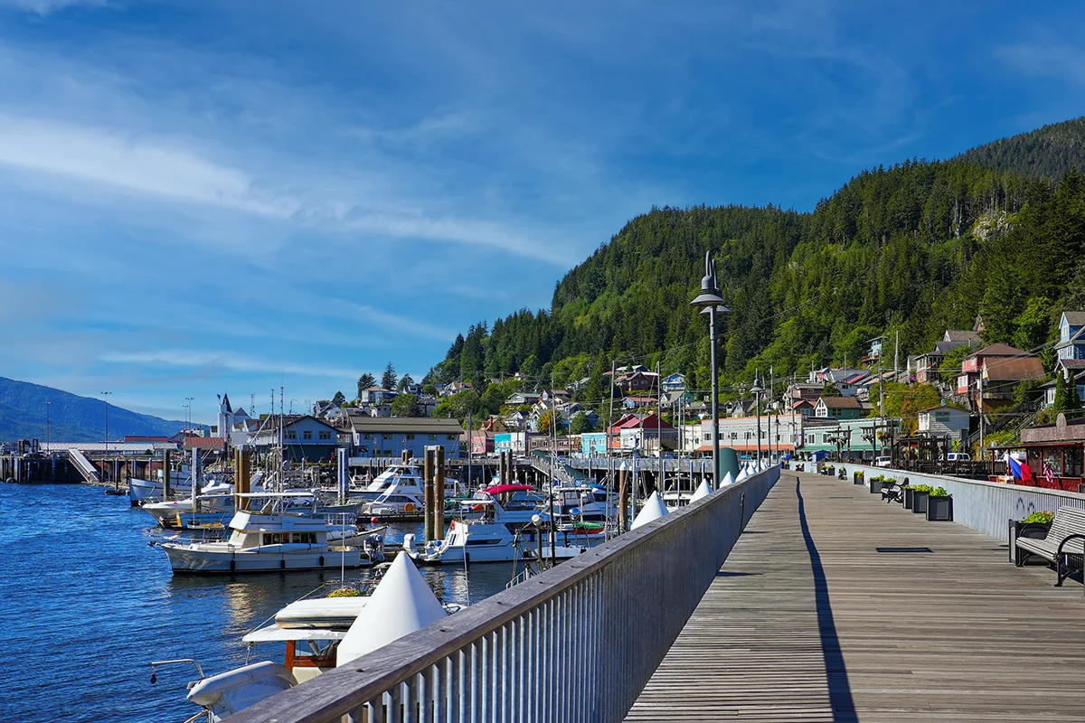 A sunny day on the pier in downtown ketchikan.